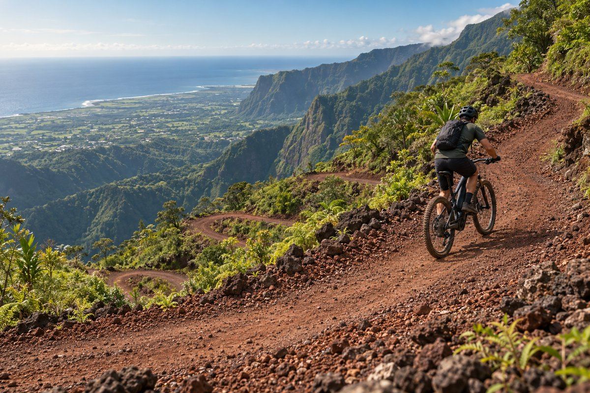 VTT électrique dans une longue montée vers les Hauts