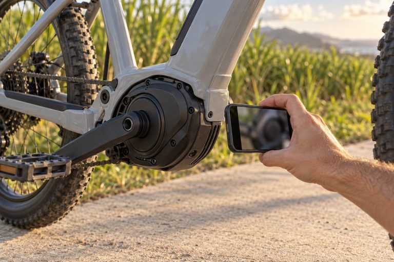 Main qui filme au smartphone le moteur d'un VTT électrique pour enregistrer un bruit, au bord d'un champ de canne